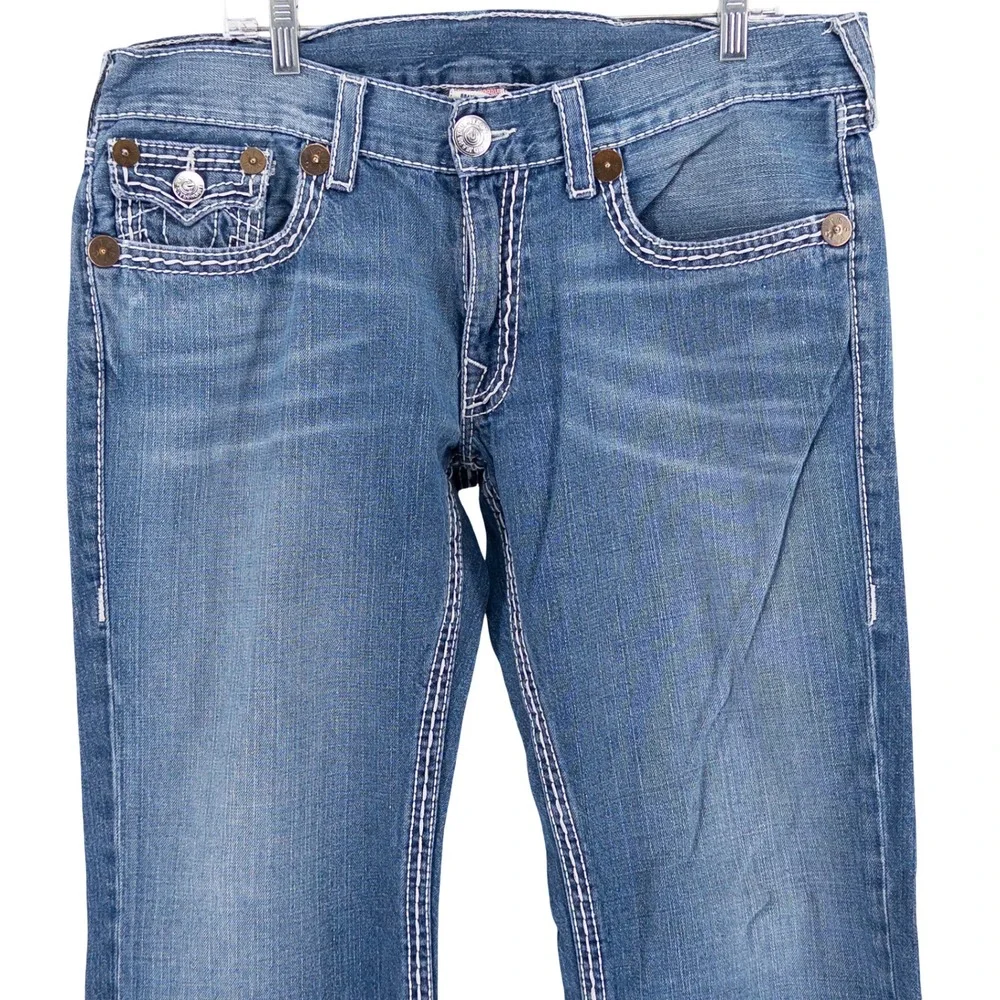 VTG Y2K True Religion Mens 38x33 Ricky Straight Jeans Blue Thick White Stitching